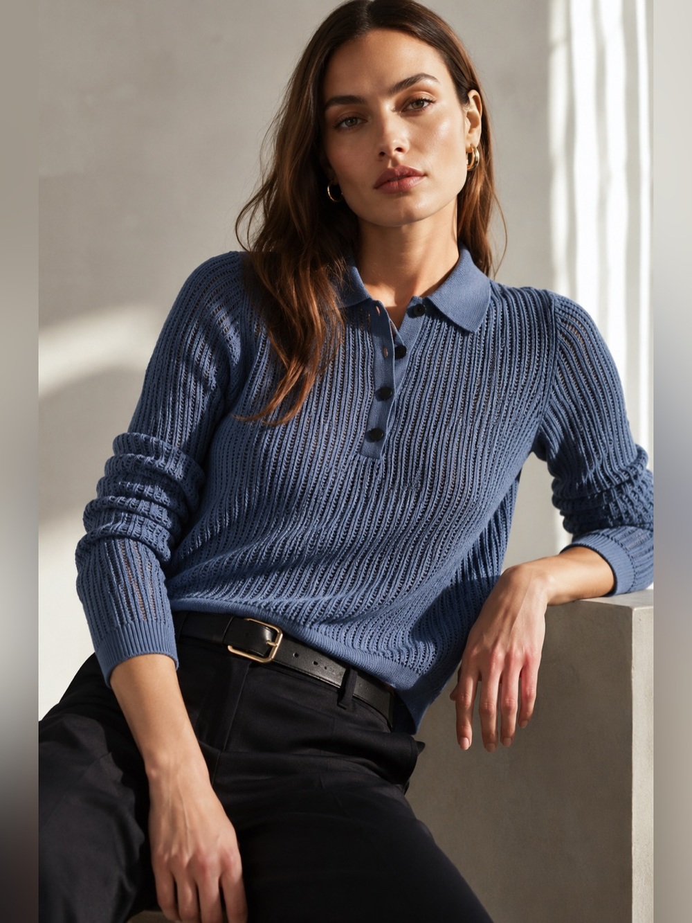 NWT Rag & Bone Blue Open Knit Collared Sweater Top XS
